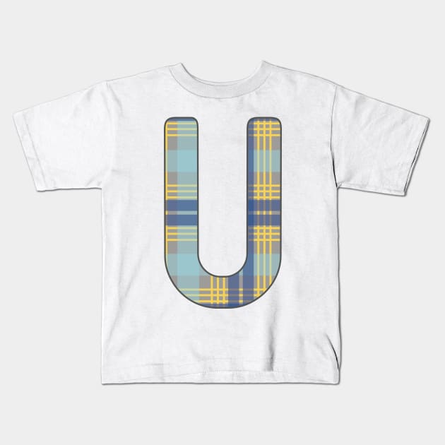 Monogram Letter U, Blue, Yellow and Grey Scottish Tartan Style Typography Design Kids T-Shirt by MacPean